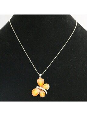 Butterfly Pendant Necklace Rhinestone Amber Tone Wings Silver Chain 16–19"